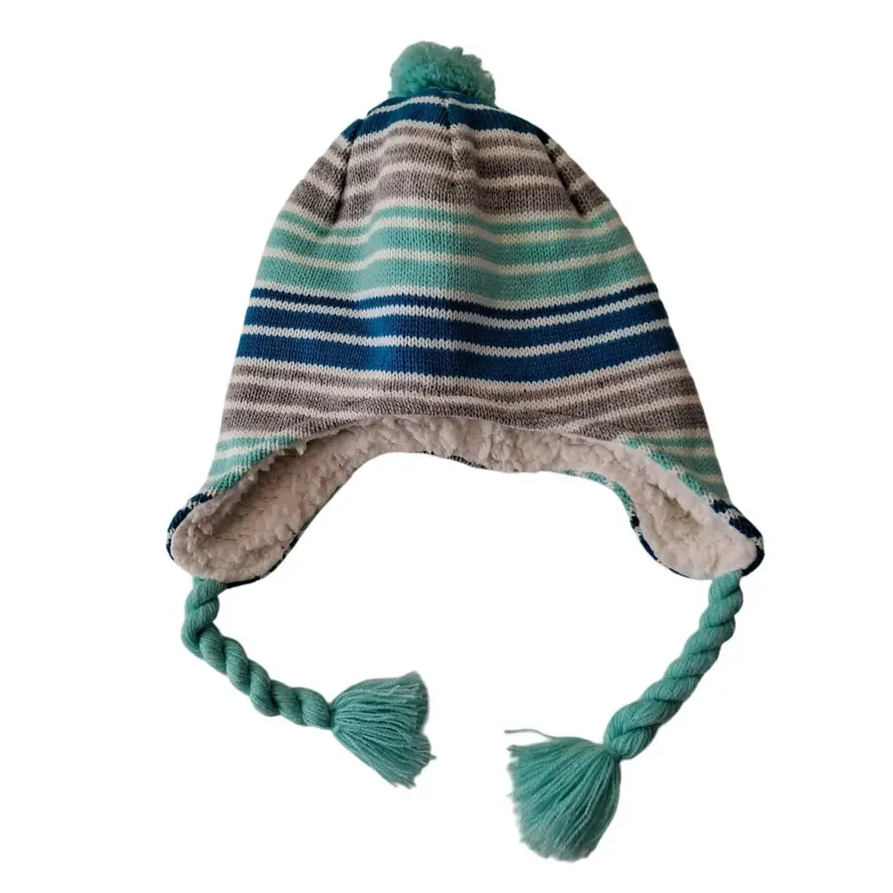 Lands' End Peruvian Trapper Hat Sherpa Fleece Lined Blue Gray Striped Girls M-L